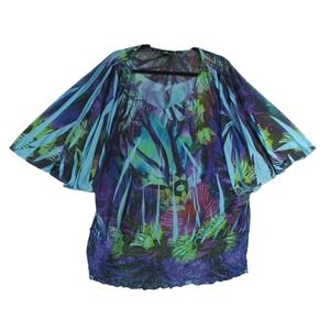 Lane Bryant Tropical Chiffon Blouse Purple Blue Butterfly Sleeve Smocked Top